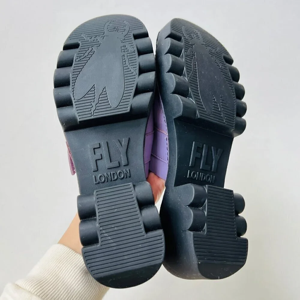 Fly London Leather chunky heels sandals, Eple Violet, Size 40